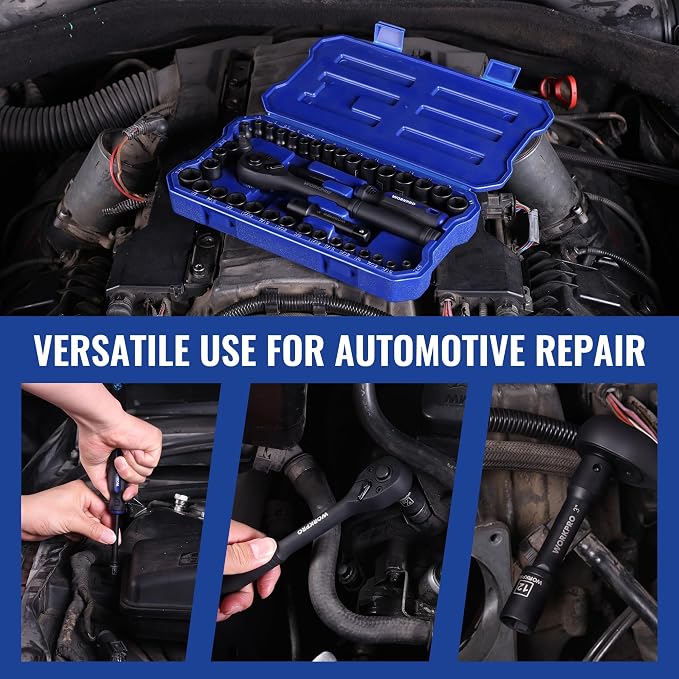 WORKPRO 39PC Drive Black Phosphate Finish CR-V Socket Set(1/4" & 3/8") | Metric & SAE, Quick-Release Ratchet Wrench, Extension Bar, Spinner Handle & Adapter, Compact, Automotive Repair