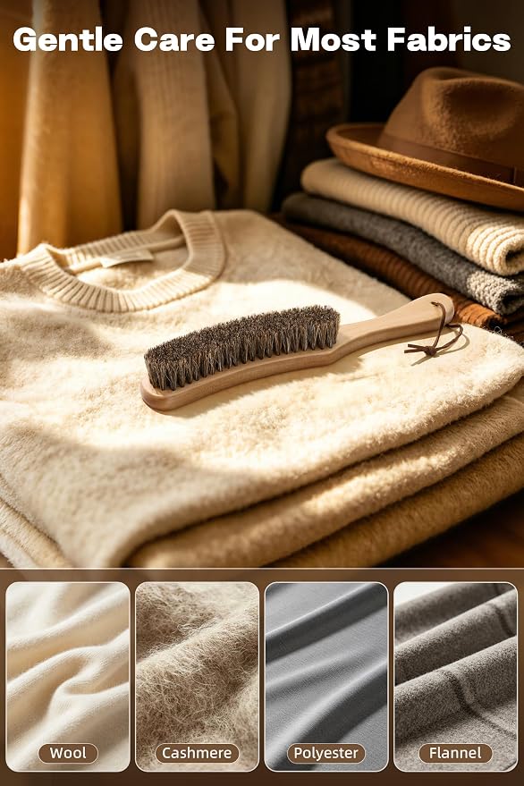 Clothes Brush Horsehair Cleaning Brush Kit for Hats, Wool, Suede, 2 Pack | 100% Horsehair Removes Dust Lint Pet Hair for Cashmere Velvet Suits Shoes Furniture Edges Seams with Wood Handle Storage Bag