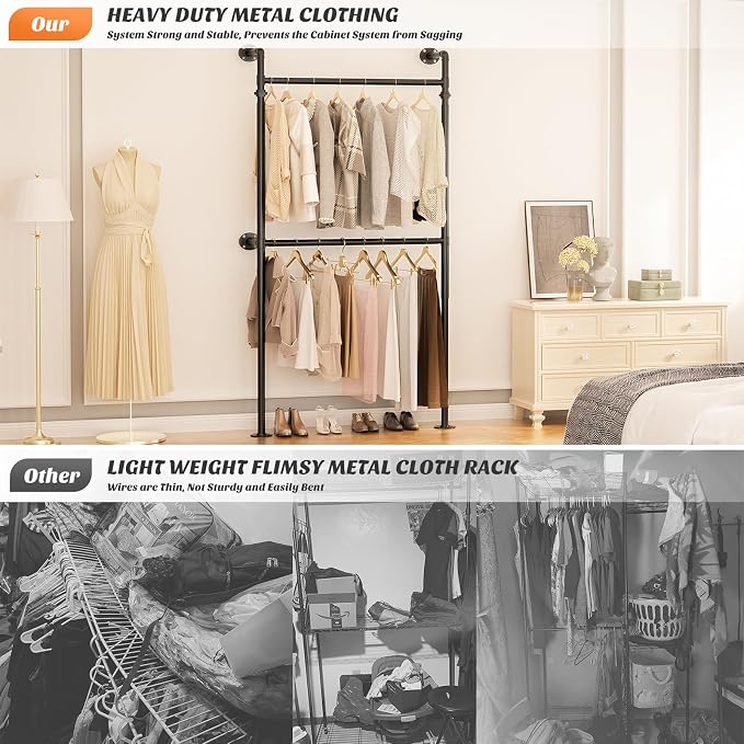 Aheaplus Industrial Pipe Clothing Rack, Reversible 3.5FT Clothes Rack for Hanging Clothes, Heavy Duty Garment Racks, Wall Mounted Closet Wardrobe Racks, Small Walk-in Closet System, Black