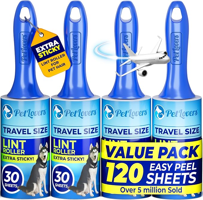 PetLovers Extra Sticky Lint Roller Mega Value Set for Pet Hair Removal and Clothes, Dog and Cat Lint Remover (Blue, 4 Pack Mini)