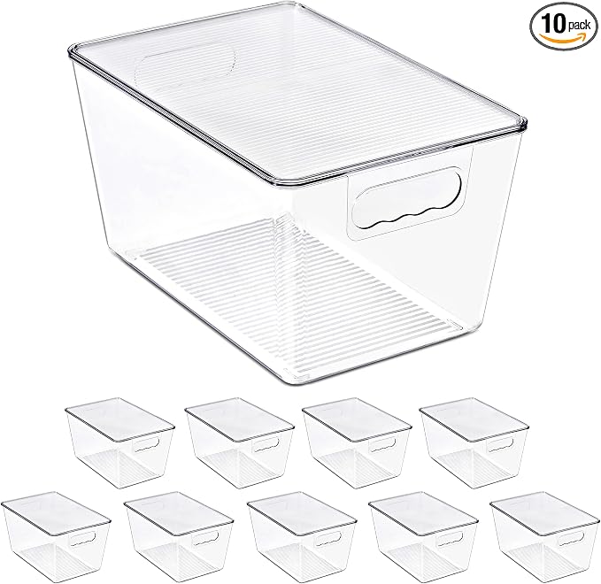 Clear Storage Bins with Lids, 10 Pack Large Stackable Clear Bins, Clear Storage Containers with Lids, Plastic Organizer Boxes for Pantry Storage, Kitchen Cabinets, Closet Organization, Bathroom