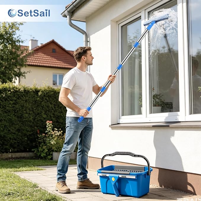 SetSail Window Cleaning Kit with Bucket 3 Gallon, 14-in Window Squeegee and 15-in Microfiber Scrubber, 64" Window Washing Kit, Professional Window Cleaner Tool for Indoor Outdoor Commercial Car, Blue