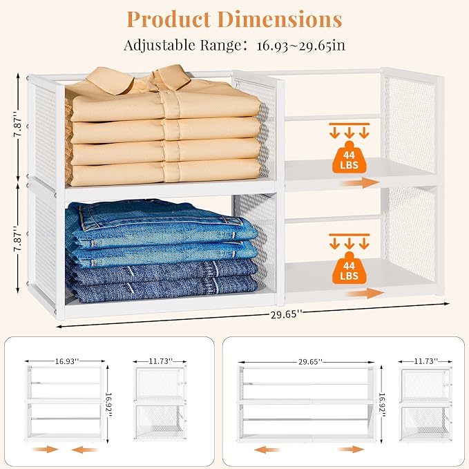 Expandable Closet Organizers and Storage, 2 Pack Stackable Closet Shelves | Metal Expandable Clothes Sweater Shelf Organizer for Closet