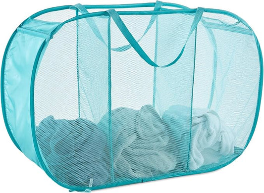 Seiritex Mesh Popup Laundry Hamper 3 Compartment Sortable Horizontal Collapsible Laundry Basket for Clothes Laundry Room Bedroom Toys Travel (Turquoise Blue)