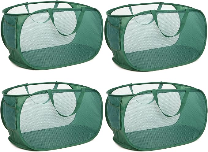 4 Pack Collapsible Laundry Baskets, Foldable Laundry Basket with Pocket, Durable Pop Up Hampers, Reinforced Handles Dirty Clothes Hamper for Laundry, Bedroom, Bathroom, Dorm, Travel or Camping Green