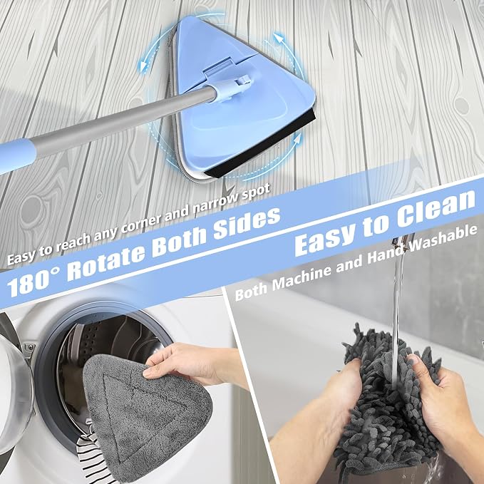 NEWE Wall Washer Mop with 80 Inch Long Handle, Wall and Ceiling Cleaner, 180° Folding Wall Scrubber with Long Handle, Triangle Baseboard Scrubber, 4 Chenille Duster & 2 Microfiber Pads