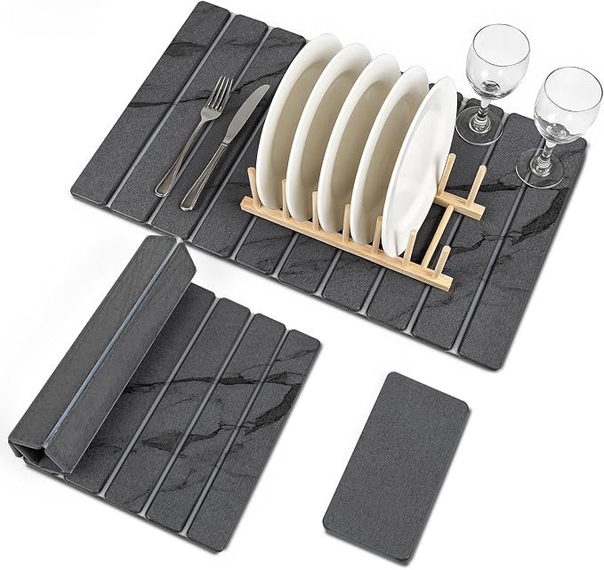 Modern Grey Stone Dish Drying Mat – Elegant Diatomaceous Earth Kitchen Counter Pad, Fast Dry Ultra Absorbent, Foldable Design for Dishes, Cups & More (24"×16" / 8"×4")