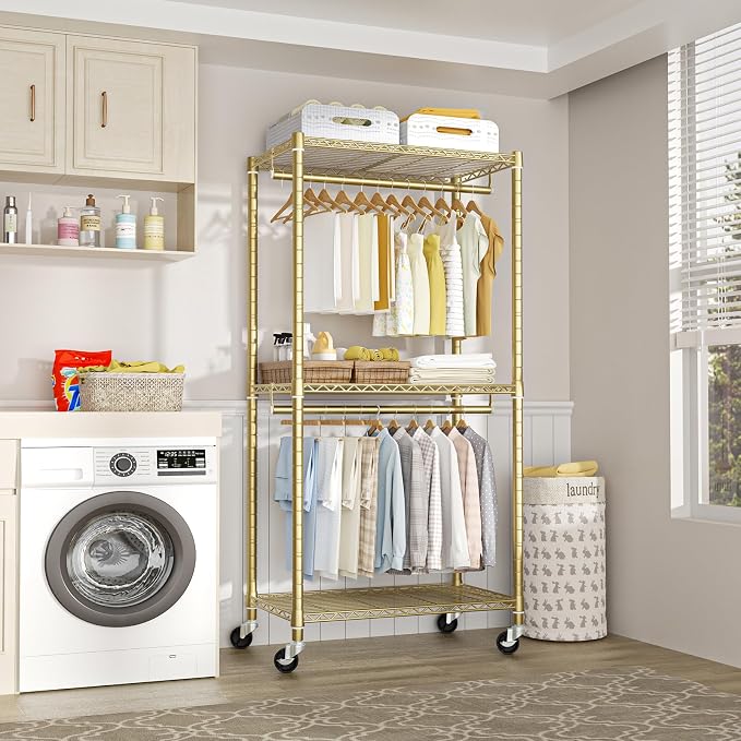 FUTASSI P1 Medium Heavy-Duty Portable Closet, 30" W x 14" D x 76" H, Gold | Metal Rolling Clothing Rack, Closet System with Wheels and Shelves for Hanging Clothes, Portable Wardrobe Organizer Storage