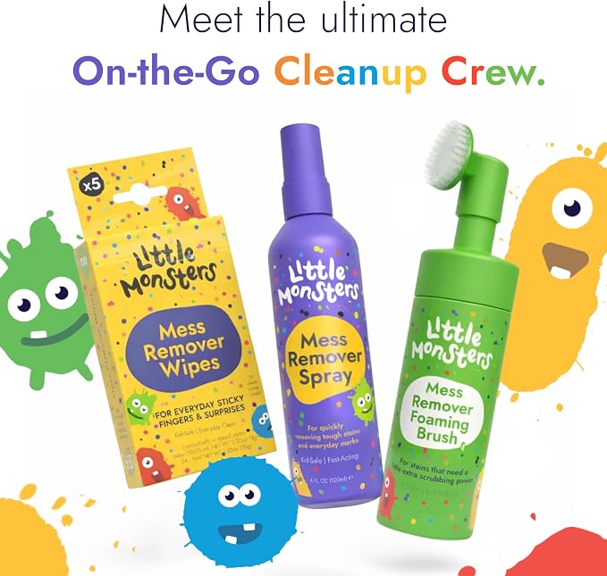 Little Monsters Mess Remover Foaming Brush, Kid-Friendly Stain Remover | 5 fl oz Foaming Laundry Stain Remover Brush; tackles tough stains on clothes, shoes, upholstery & more baby-safe formula