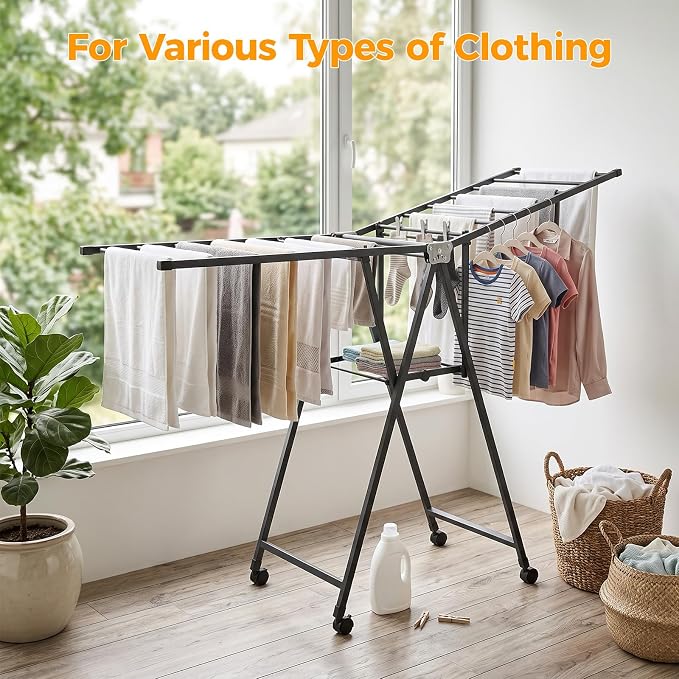 Clothes Rack, 2-Tier Drying Hanger, for 20 Pieces+, Foldable and Space Saving, Portable, Indoor or Outdoor Use, Solid Metal Clotheshorse, Nice for Mum, Gray (1.6 m Wing Length)