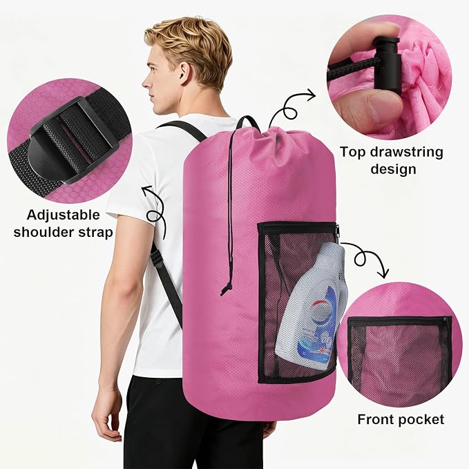 Laundry Bag Backpack Durable Laundry Bag with Shoulder Straps and Mesh Pockets Portable Laundry Hamper Dirty Clothes Bag for College, Travel, Laundromat, Apartment (Pink)