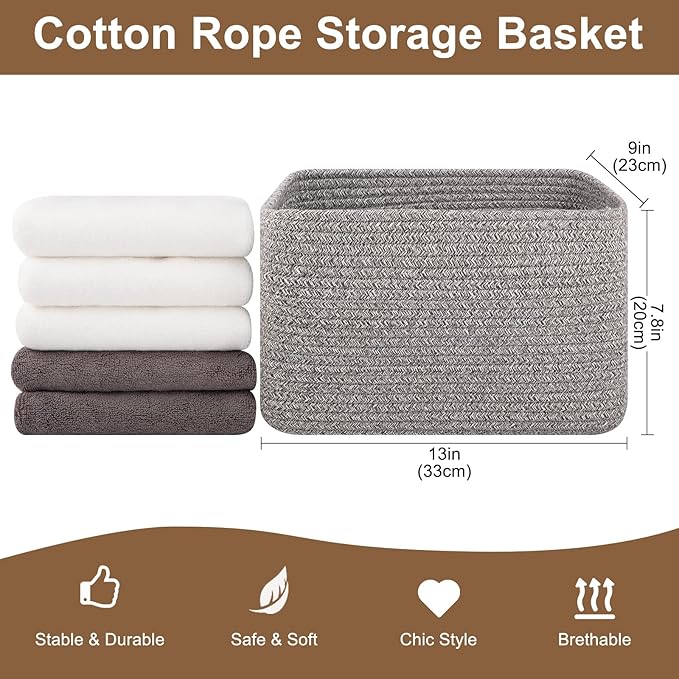 OIASKET Storage Baskets for Organizing, Woven Decorative Baskets for Shelves - Books, Towels, and Clothes, Cotton Rope Toy Storage Bins, 12.7''Lx9''Wx7.8''H, Pack of 4, Grey