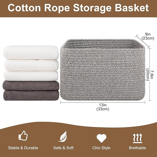 OIASKET Storage Baskets for Organizing, Woven Decorative Baskets for Shelves - Books, Towels, and Clothes, Cotton Rope Toy Storage Bins, 12.7''Lx9''Wx7.8''H, Pack of 4, Grey