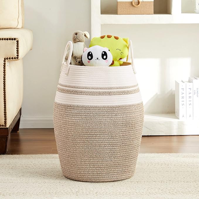 Extra Large Laundry Hamper Basket 105L Woven Blanket Basket, Brown & White | Tall Clothes Hamper, Rope Wicker Laundry Basket, Storage Basket for Toys, Dirty Cothes in Bedroom, Living Room Organizer