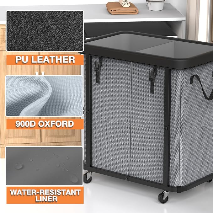 Laundry Basket with Wheels,190L (50 Gal) Laundry Hamper 2 Setion - Gray | Leather Patchwork,Sturdy Metal Frame, Removable Washable Bag, Tall Clothes Sorter for Bedroom