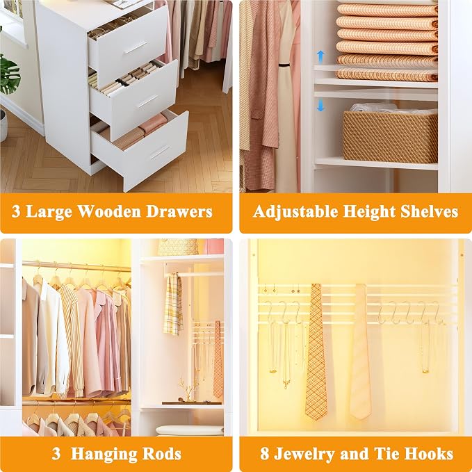 HUAHUU Large Corner Closet System with 3 Drawers and 6 Shelves, 77'' Reversible Closet Organizer System with LED Lights & 8 Jewelry Hooks, White Walk-in Closet with 3 Hanging Rods, L Shaped/Straight