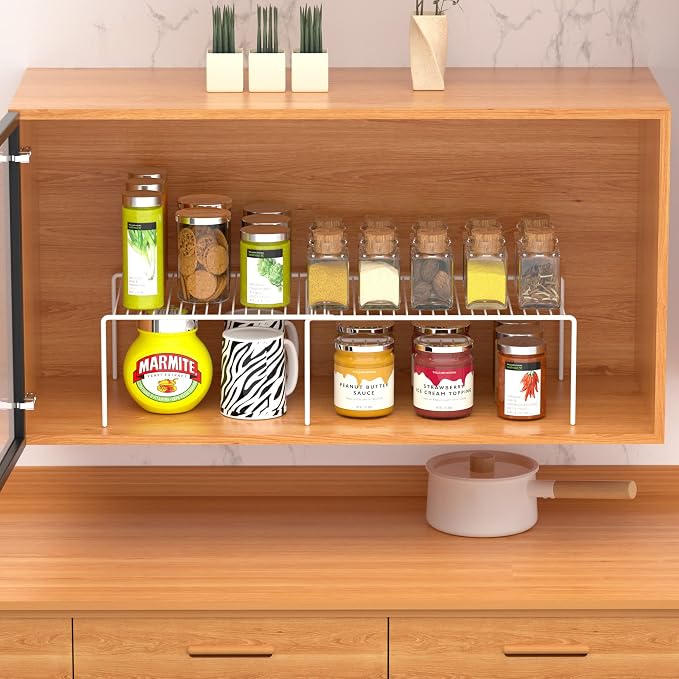 Redrubbit Cabinet Storage Shelf Rack, Expandable Metal Rustproof Kitchen Counter and Cabinet Shelf, Storage Rack Organizer Space Saver for Kitchen, Fridge, Cabinet, Bathroom, White