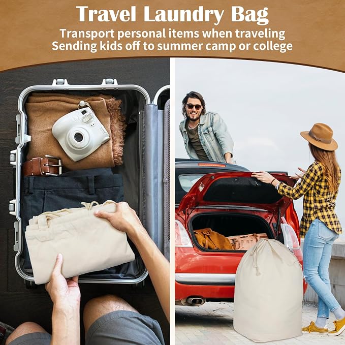 Heavy Duty Canvas Laundry Bags with Square Base 13.8"Wx13.8"Dx27.6"H, Beige | Extra Large Laundry Hamper Bag, Washable Drawstring Dirty Clothes Sack with Handles for College Dorm, Home Storage, 1 Pack