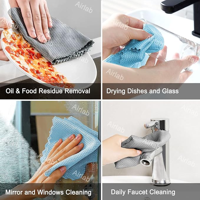 Airlab Glass Polishing Cloth Streak Free Miracle Cleaning Cloth Lint Free Microfiber Cleaning Rags for Glasses Kitchen Dish Mirrors Easy Clean, Pack of 8, 16" x 12", Grey & Blue