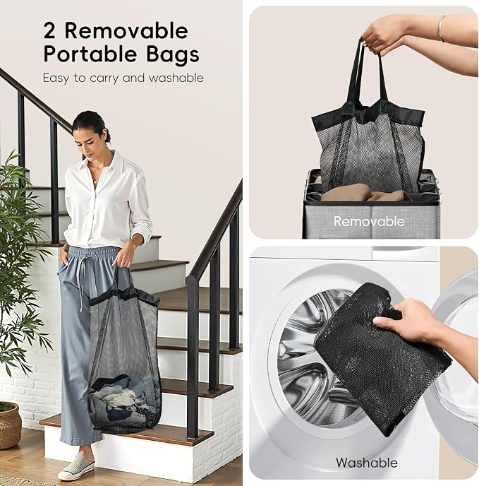 150L Double Laundry Hamper With Lid, Large Clothes Hampers with Removable Bag, Laundry Hamper 2 Section for Bathroom, Bedroom, Laundry Room, Dorm, Grey