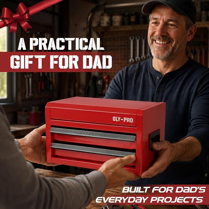Mini Toolbox with 2 Drawers and Top Storage, Durable Steel Construction with Ball-Bearing Slides, Multi-Purpose Portable Tool Boxes Case Organizer for Garage, Red