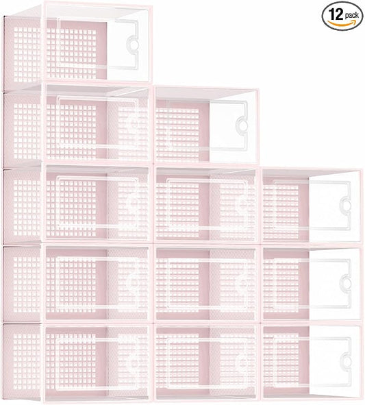 Kuject Shoe Organizers Storage Boxes for Closet, 12 Pack Clear Plastic Stackable Storage Bins with Lids, Under Bed Shoe Containers for Entryway, Drop Front, Fit up to Women's Size 10,Pink | Shoe organizers for closet & entryway, under-bed,Drop-front de...