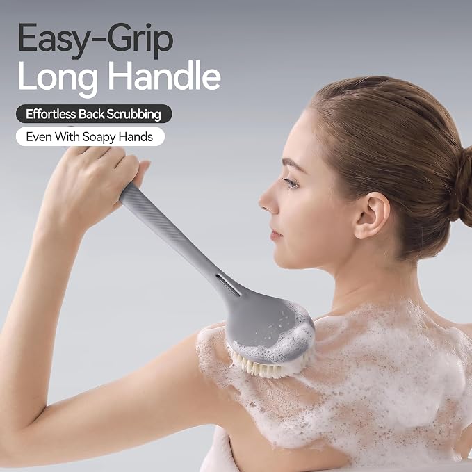 Back Scrubber for Shower for Men Women, Body Brush with Long Handle, Exfoliating Bath Washer with Soft Bristles, Body Exfoliator for Wet or Dry Brushing, Back Scrub Deep Cleaning, Gray