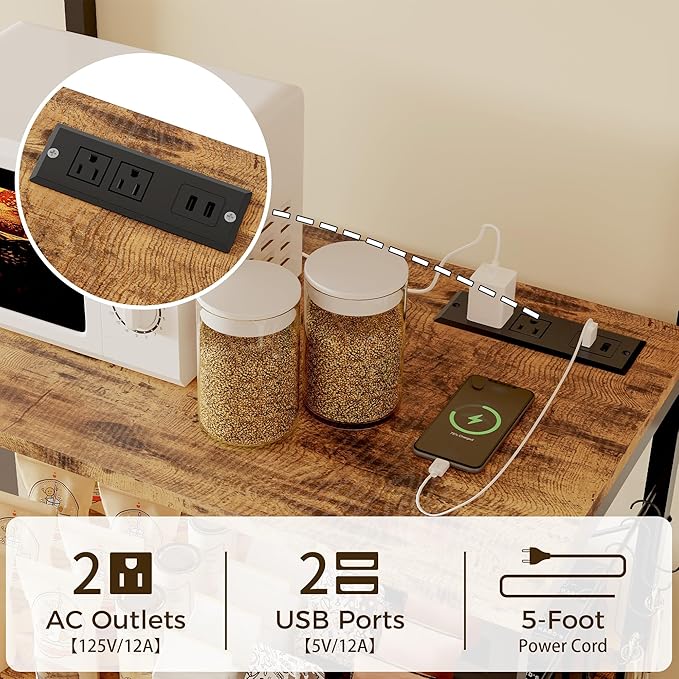 Baker's Rack for Kitchen with Outlet, Microwave Stand with Adjustable Shelves and 10 s Hooks, 6-Tier Coffee Bar Station with Storage, Kitchen Shelves for Spices, Pots