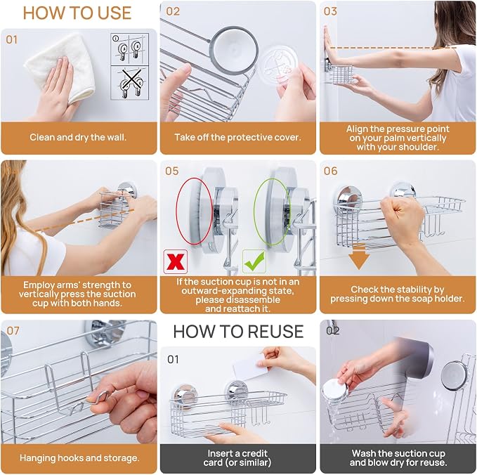 LEVERLOC Shower Caddy Suction Cup, 3 Pack Heavy Duty Bathroom Organizer for Inside Shower with Hooks & Soap Holder, Removable Bathroom Organizer, Rustproof Silver Holder Storage,Silver