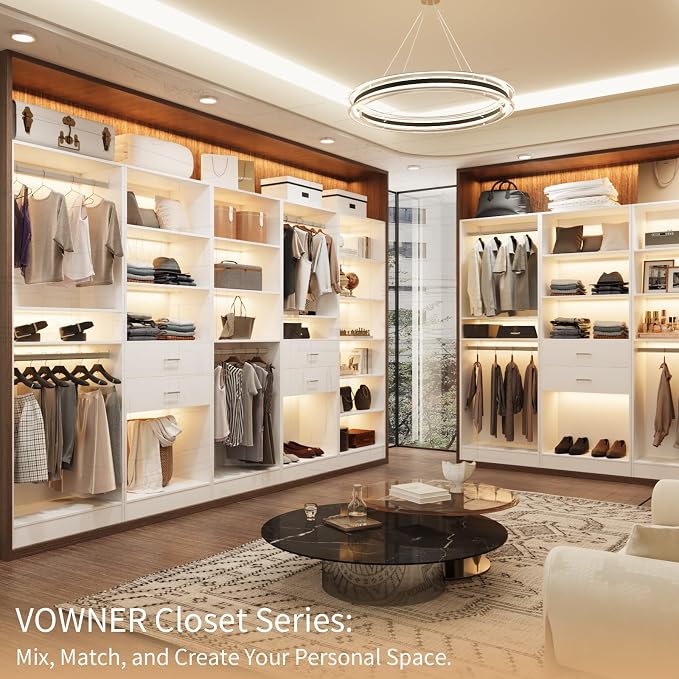 VOWNER 25'' Freestanding Closet System with 5 Adjustable Shelves, Wood Closet Organizer System, Walk-in Closet, Clothes Garment Rack, Adjustable Shelving Unit, Wardrobe Closet Bedroom Entryway