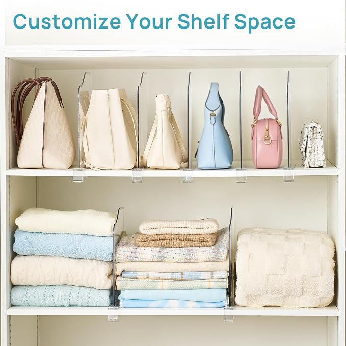 Vtopmart 12" Extra Tall x 12" Deep Shelf Dividers for Closet Organization, 4 Pack Clear Closet Organizers for Deep Shelves, Maximizing Vertical Space for Sweaters, Jeans and Clothes Storage