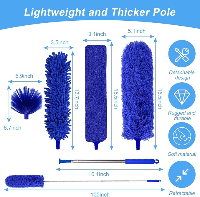 Duster with Extension Pole - Blue | 5-in-1 Kit Dusters for Cleaning, Extendable Duster with 100 Inches, Microfiber Dusters for Ceiling Fans, Furniture, Blinds