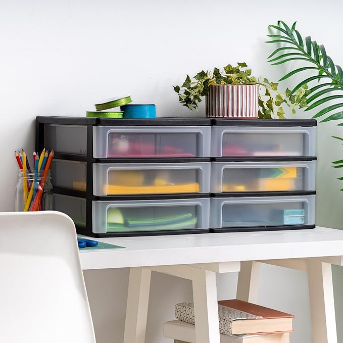 IRIS USA 2-Pack, 3-Drawer Medium Plastic Stacking Desktop Organizer, Black | Organize office supplies, stationery, makeup, craft materials and everyday essentials for neat desktop storage