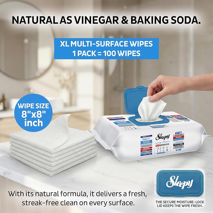 Sleepy Easy Clean XL Heavy Duty Cleaning Wipes (600 Count) – Chlorine-Free Bleach & Vinegar Formula – Large 8"x8" Multi Surface Scrubbing Wipes for Bathroom, Grout, Tile, Glass, Carpet Spots & Stain