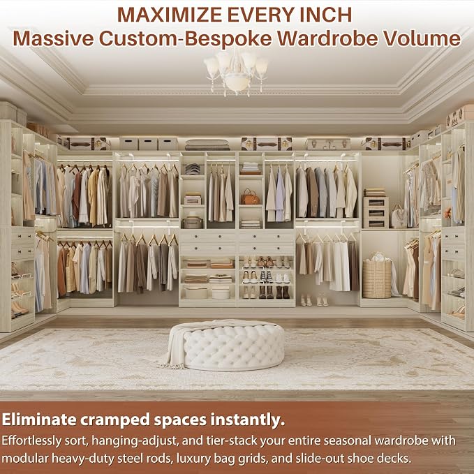 Large Closet System (Set of 3) with 4 Drawers, 8 Hanging Robs, 91.5"/151" Closet Organizer System with Corner Tower, Reversible Walk-in Closet System Corner Closet System, Greige Oak