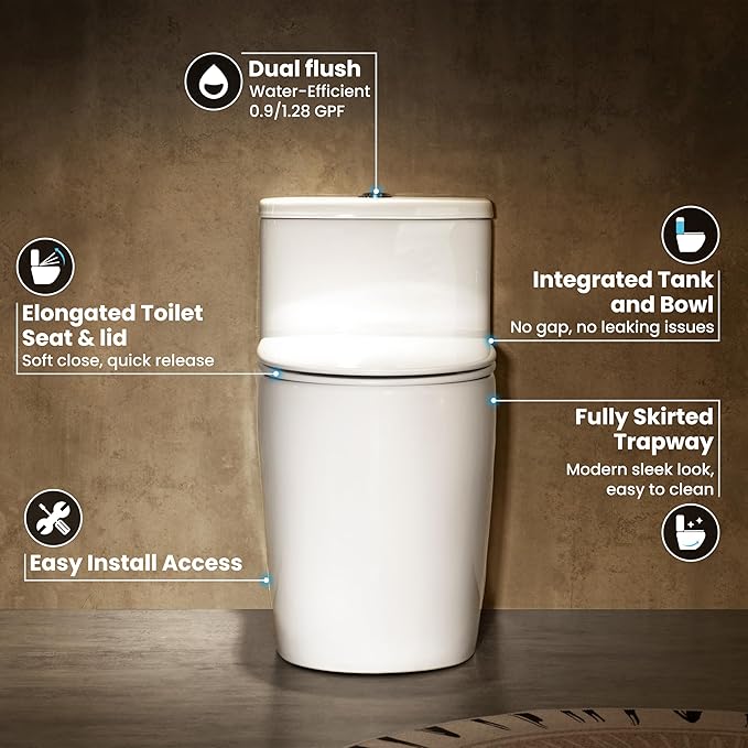 Casta Diva One Piece Toilet Elongated with 17.5" ADA Height Comfort Chair Seat Compact Modern Toilets for Bathroom, Dual Flush High Efficiency 1.0/1.28 GPF & MAP 1000g, 12'' Rough-in, White