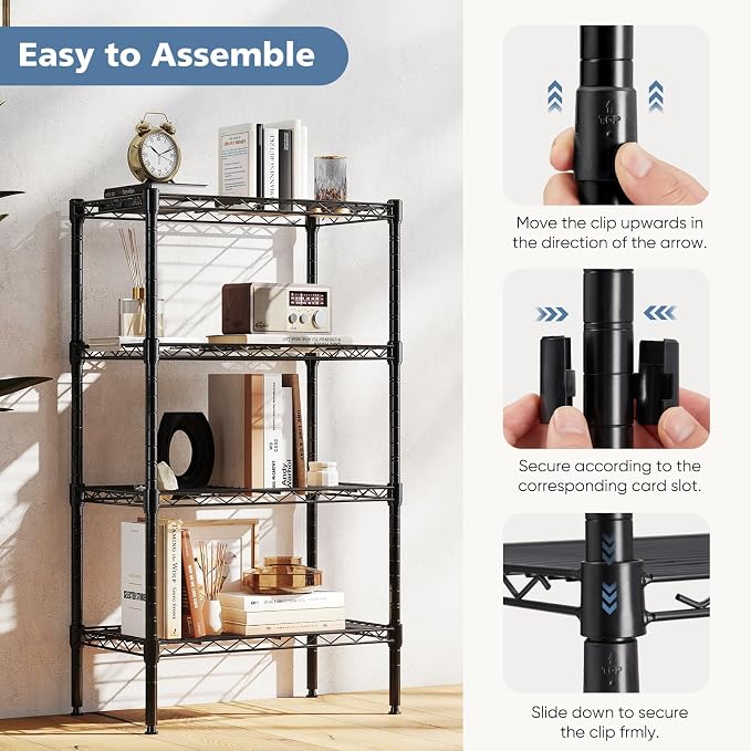 NEWBULIG 4-Tier Metal Wire Storage Shelves, Adjustable Heavy Duty Steel Shelving Unit, Freestanding Storage Rack Organizer for Kitchen, Pantry, Garage, Bathroom, 23.2" W x 13.4" D x 47.2" H, Black