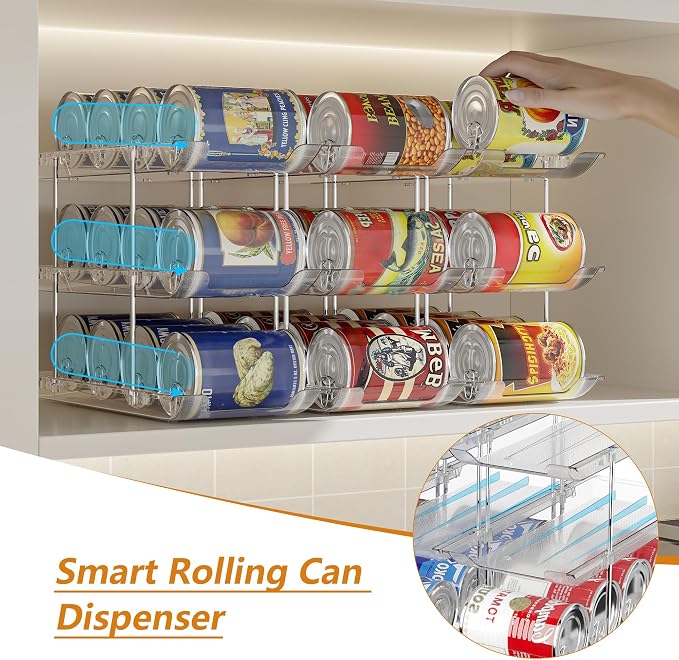 LXLXXL Can Organizer for Pantry Canned Food Storage Goods Holders 4 Tier | Automatic Rolling, Clear Acrylic Can Storage Rack, Sturdy and Stackable, for Fridge Cabinet Pantry Kitchen Desktop Storage