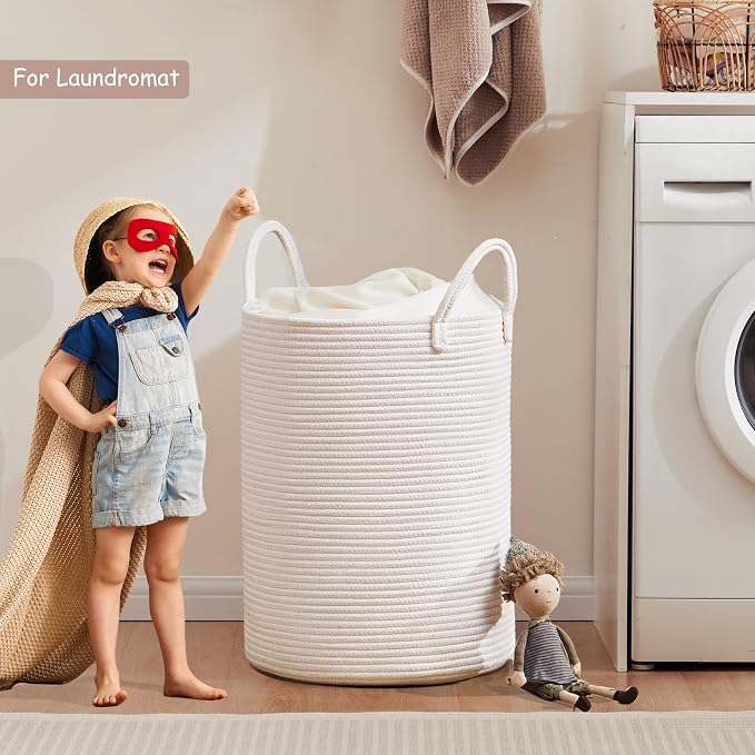 80L Extra Large Laundry Hamper Tall Woven Laundry Basket, White | Blanket Basket for Living Room, Clothes Hamper in Bedroom, 16"L x 16"W x 22"H