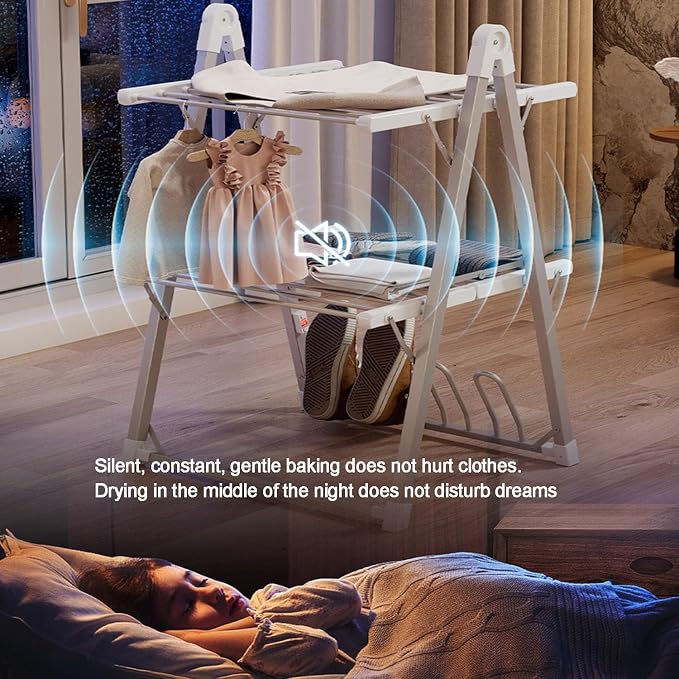 Heated Electric Clothes Dryer 2 Tier Adjustable Airer, Aluminium Foldable Drying Rack, Energy Efficient Indoor Garment & Shoe Dryer
