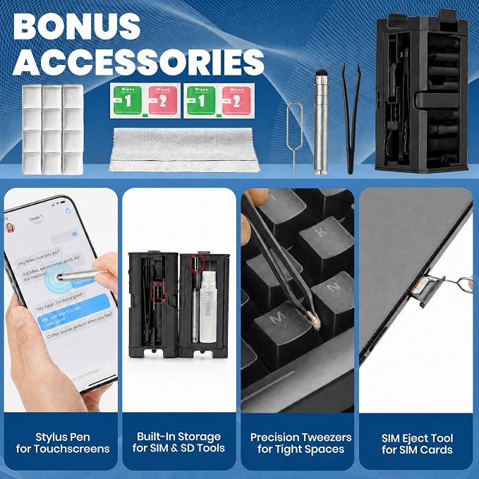 Upgrade Phone Cleaning Kit (57PCS), iPhone Cleaning Kit, Cleaning Kit for AirPods, Keyboard Cleaning Kit, Charging Port Cleaner for Apple Lightning/Android USB-C (Black, with 10 Mini Brush)
