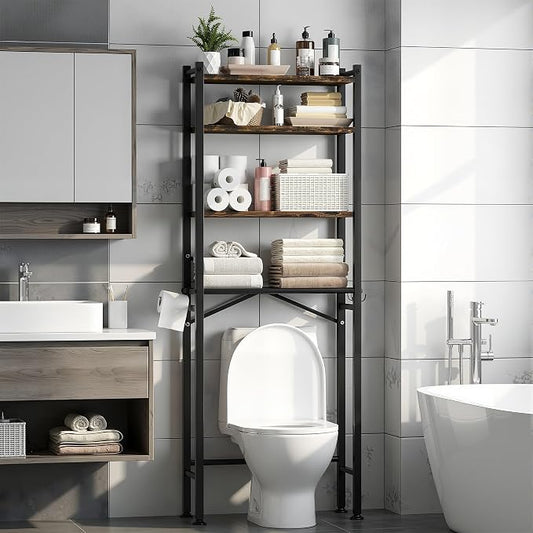 GloTika 4-Tier Over The Toilet Storage with Paper Holder and 4 Hooks - Metal Over Toilet Bathroom Organizer Shelf, Freestanding Bathroom Cabinet for Laundry/Living Room (69.3" H, Black Brown)
