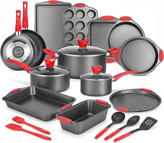 NutriChef 21-Piece Nonstick Cookware Set - PTFE/PFOA/PFOS Free Heat Resistant Lacquer Kitchen Ware Pots Pan w/ Cool-Touch Handles, Saucepan, Fry Pans, Lid, Bakeware, For Gas Electric Ceramic Cooktops