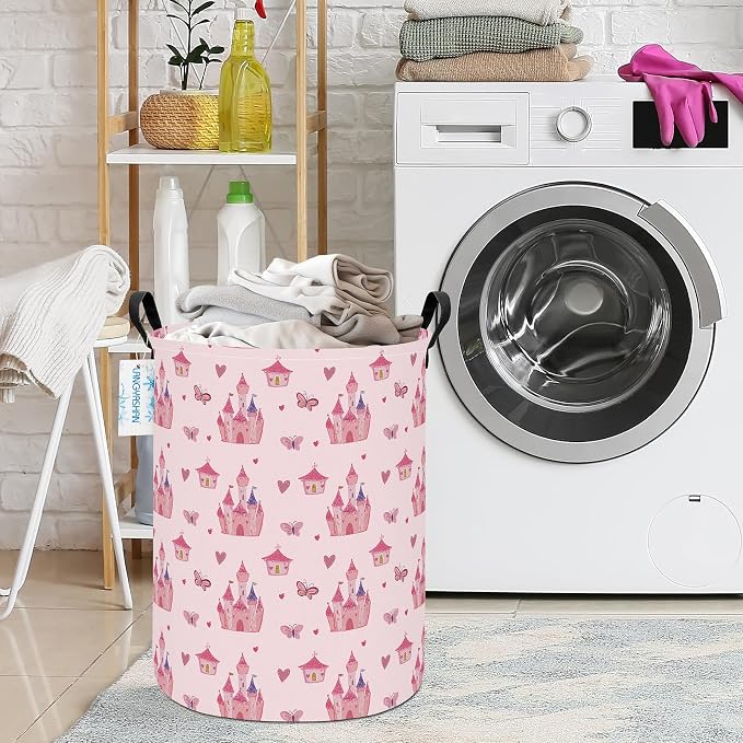 Round Laundry Basket Collapsible Storage Hamper Pink Castle | Waterproof Canvas Foldable Baskets with sturdy Handles Multi-scene Organizer for Home Play Bedroom Gift Bin
