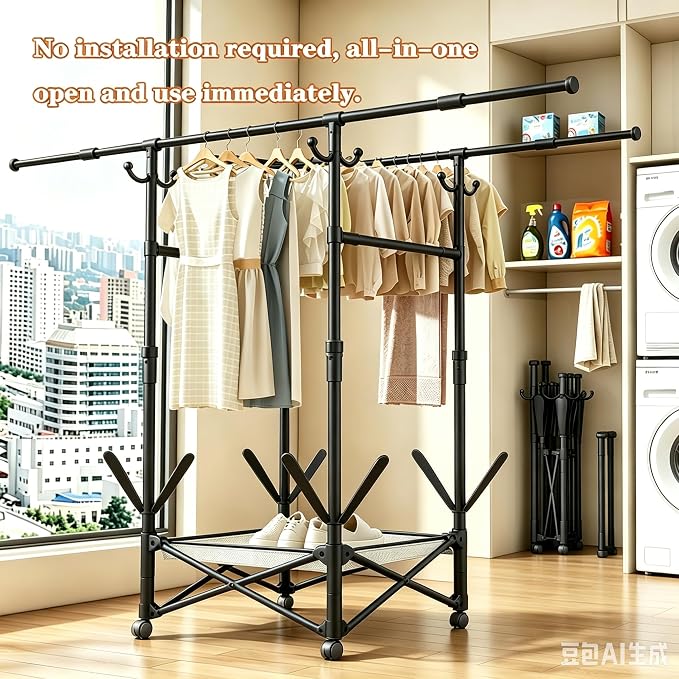 Foldable Collapsible Rolling Clothes Drying Rack,Adjustable Double Rods Laundry Airer(33.1–56.7"),Carbon Steel Pipe Standing Garment Rack for Indoor Outdoor Laundry Room (Black, B)