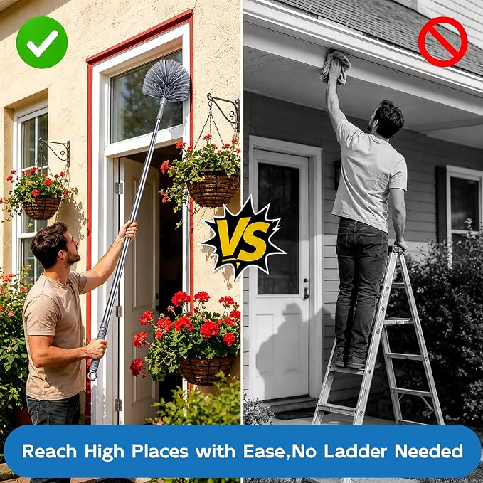 Cobweb Duster with Extension Pole, 90" Spider Web Brush, Grey | Cobweb duster with extension pole & stainless steel telescopic handle. For ceilings, fans & corners. Collapses to 15.7".