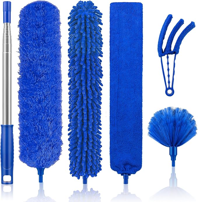 Duster with Extension Pole for High Ceilings & Ceiling Fans, Cobweb Duster | 30-100" Stainless Steel Pole, Bendable Washable Heads, Cobweb and Gap Cleaning, Detachable Heads, Complete 6-Piece Duster Kit