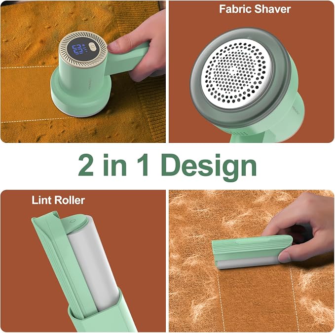 HOMEASY Fabric Shaver, Rechargeable Lint Remover for Clothes Green | Electric sweater shaver and depiller with 70mm head, 6-leaf blades, LED battery display and Type-C charging for Furniture