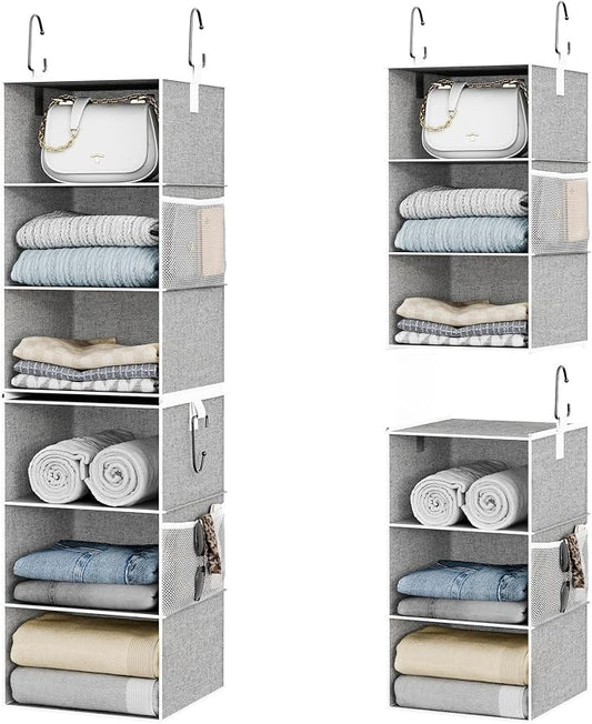 StorageWorks 6-Shelf Closet Organizers, Two 3-Shelf Separable Hanging Shelves for Close, 12 1⁄2" D x 12 1⁄2" W x 47 ¼" H, Canvas, Gray