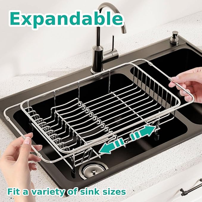 AIDERLY Dish Drying Rack in Sink Expandable Stainless Steel, Silver | In Sink, 4 Cup Holders, Kitchen Dish Drainer